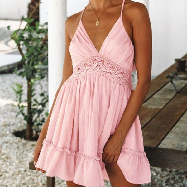 Summer Dress Sexy Spaghetti Strap, Lace Sundress Beach Style Backless Ruffle Hem