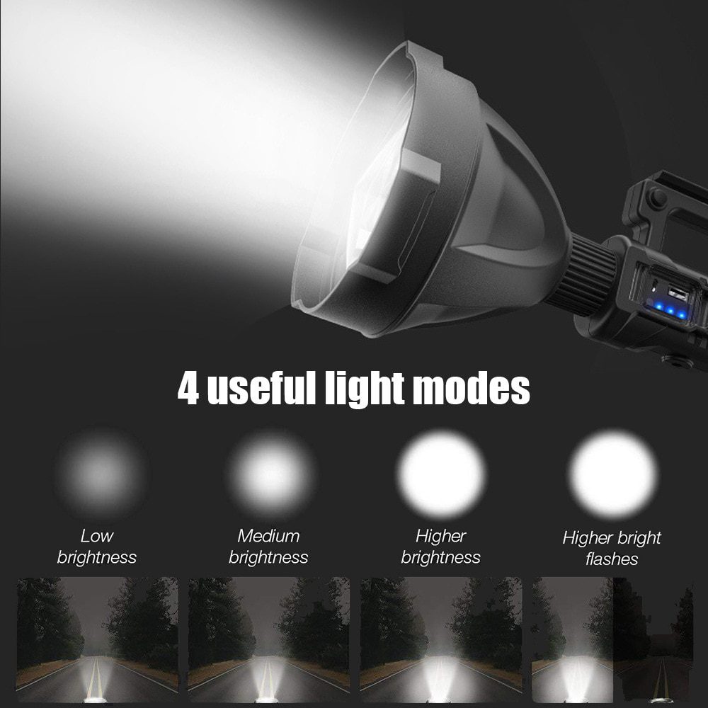 פנס LED חזק מאוד לטווח ארוך. עמיד למים, נטען.