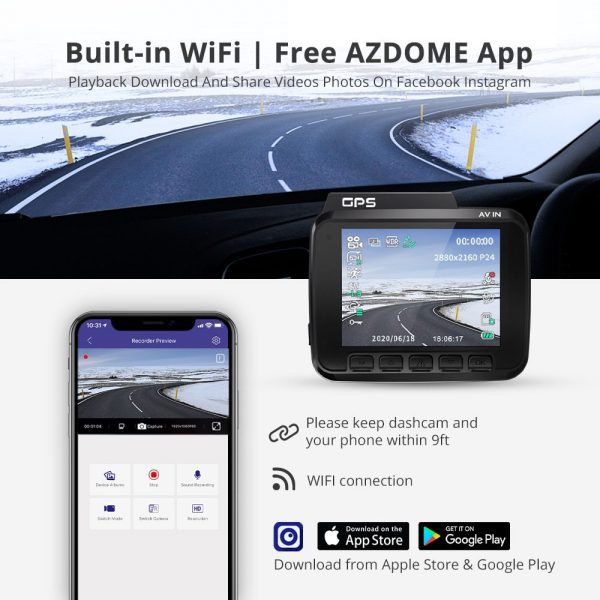 AZDOME GS63H מצלמת דרך לרכב. עדשה כפולה, 4K UHD, ראיית לילה מצויינת. GPS וWIFI מובנה.