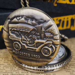 שעון כיס שרשרת ברונזה. מוטבע מרצדס 1903. עיצוב רטרו.