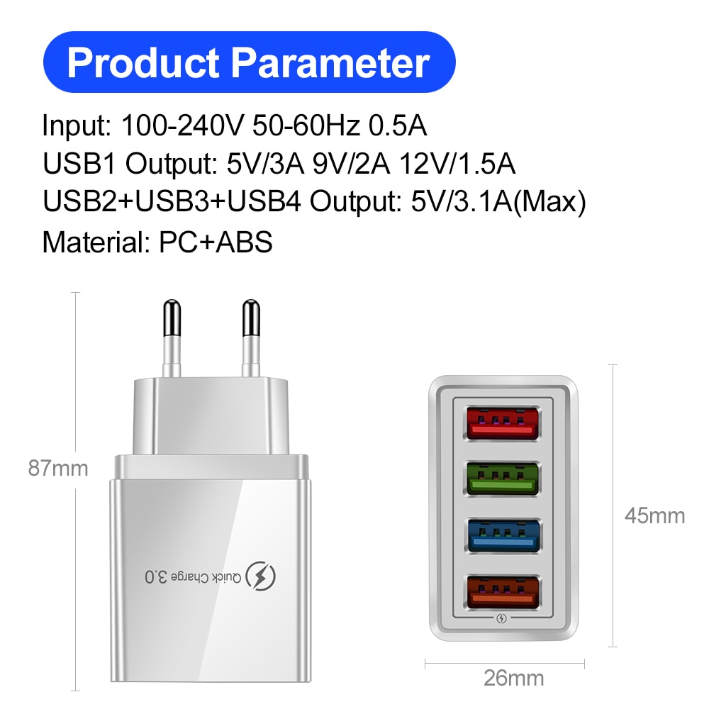 מפצל USB לטעינה מהירה. 4 שקעים, מתאים לאייפון, סמסונג, שיאומי ועוד…