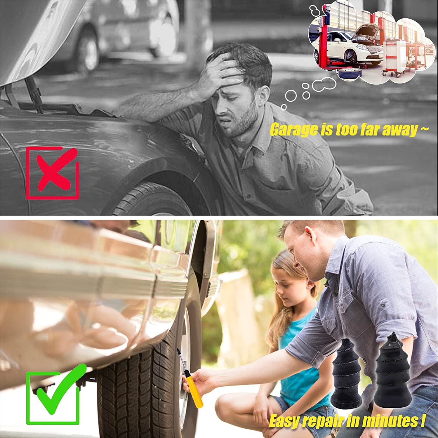 תיקון פנצר בקלות ללא פירוק הגלגל. מבריגים את הפלאג ישירות לתוך הצמיג ונוסעים לשלום.