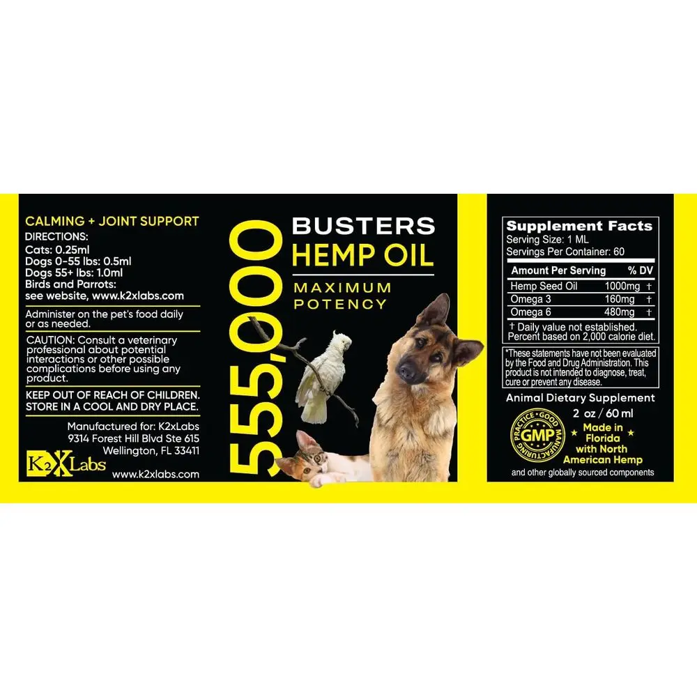 Buster's Organic Hemp Oil or Dogs and Pets, 4PACK-8MTH-supply, Large 60ml Bottle, Made in USA - Miracle ormula, Perectly Balance