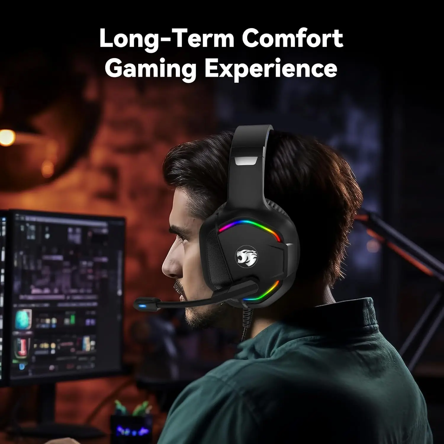אוזניות גיימינג עם מיקרופון ועיצוב RGB כחול