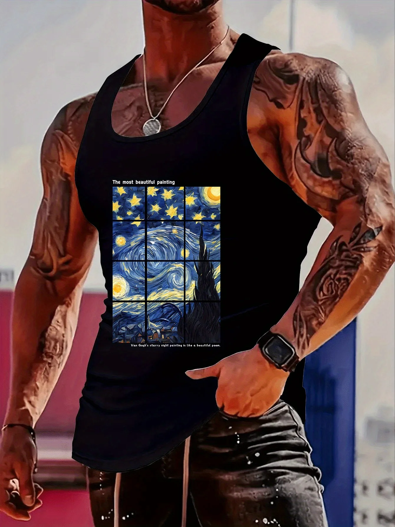 חולצת טנק עם הדפס צבעוני של ואן גוך