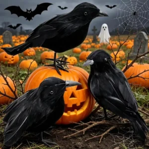 קישוט Halloween של עורב שחור עם נוצות מציאותיות